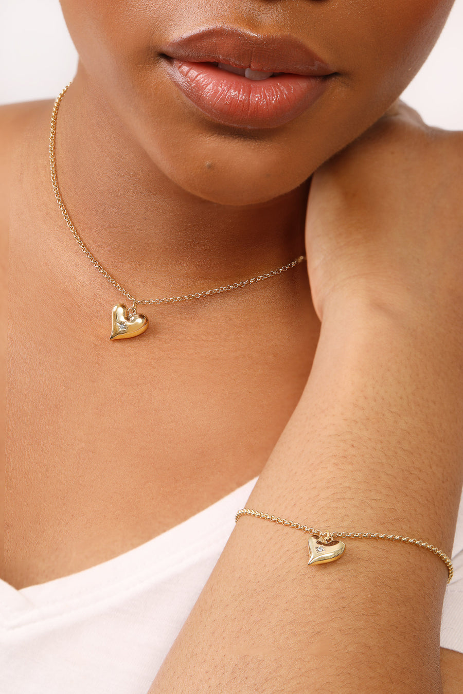 Gold Heart Necklace And Bracelet Set