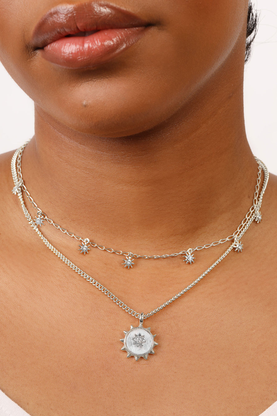 Silver 'Solar' Layered Quartz Charm Necklace