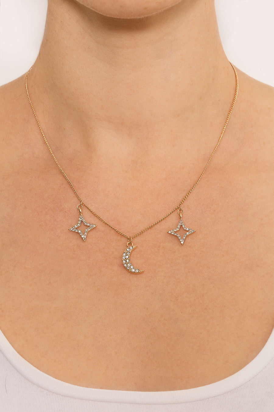 Celestial Gold Star And Moon Crystal Effect Charm Necklace