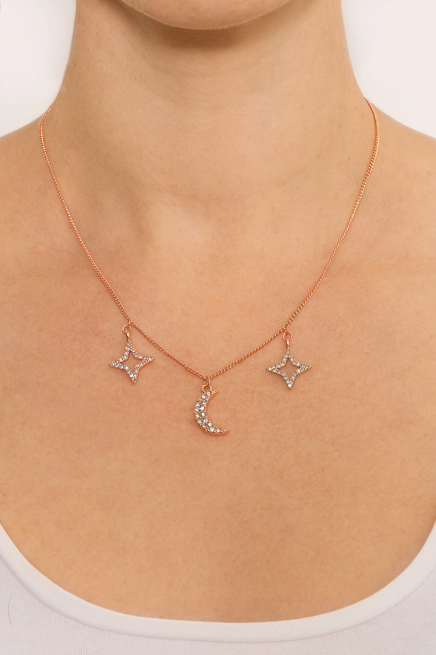 Celestial Rose Gold Star And Moon Crystal Effect Charm Necklace
