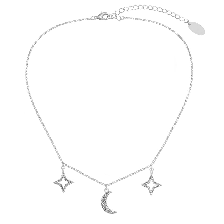 Celestial Silver Star And Moon Crystal Effect Charm Necklace