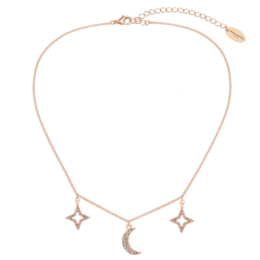 Celestial Rose Gold Star And Moon Crystal Effect Charm Necklace