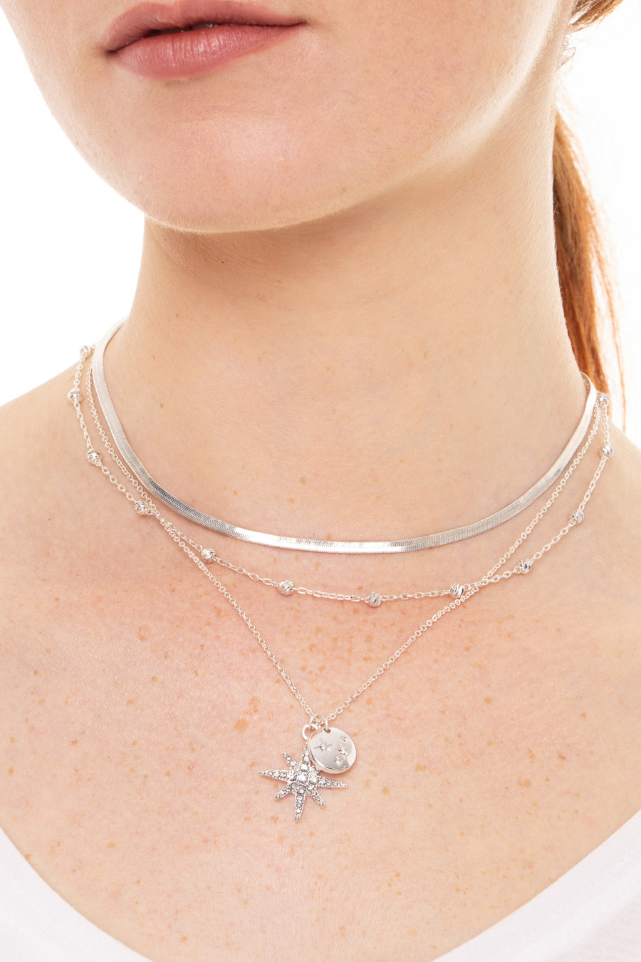 Star layered silver necklace chain 